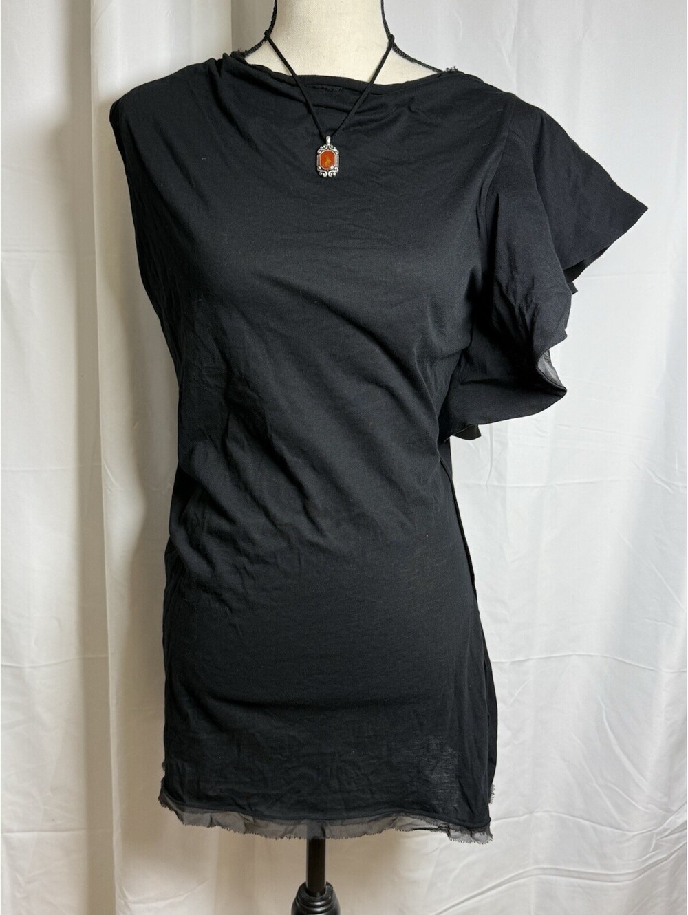 LANVIN Paris Runway Black Mini Dress Sz XL Asymetrical Cotton Silk Draped Ruffle